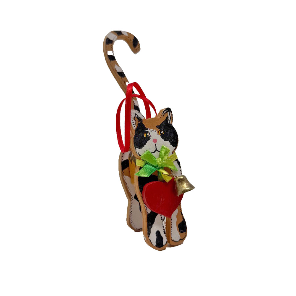Kurt S. Adler 1991 Wooden Calico Cat Christmas Ornament Heart Bell